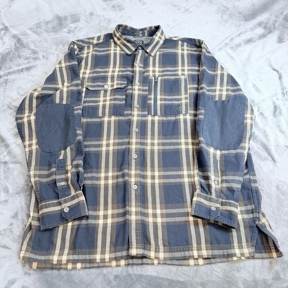 Wrangler All Terrain Gear Sz L Blue Brown Plaid Button Up Elbow Patch Gorpcore